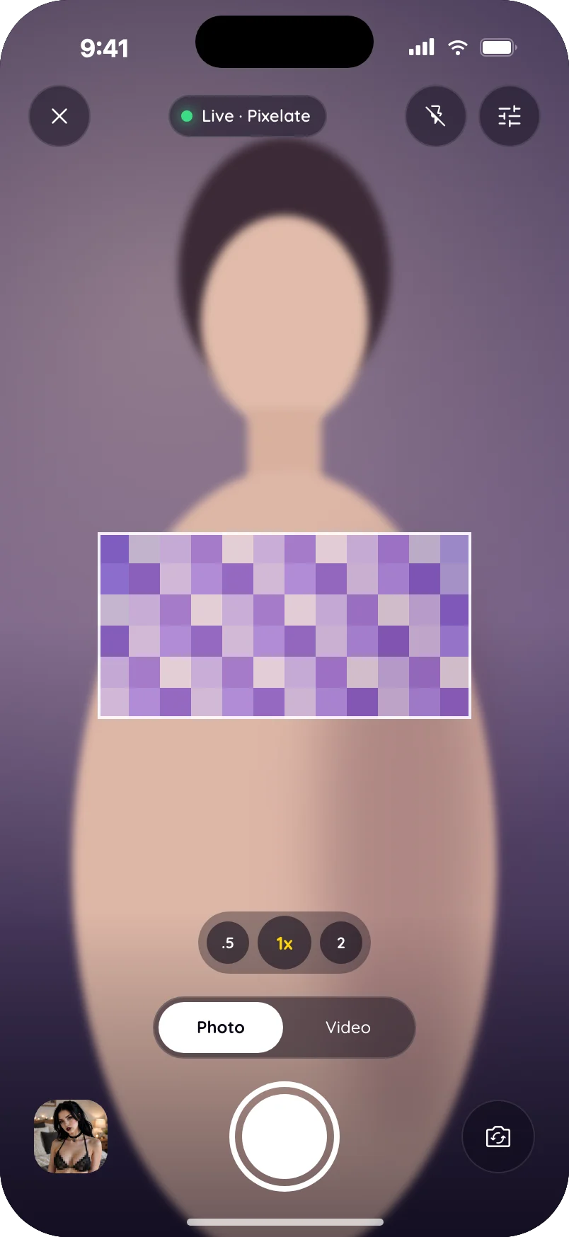 The censored camera, live, covering a figure in the viewfinder.