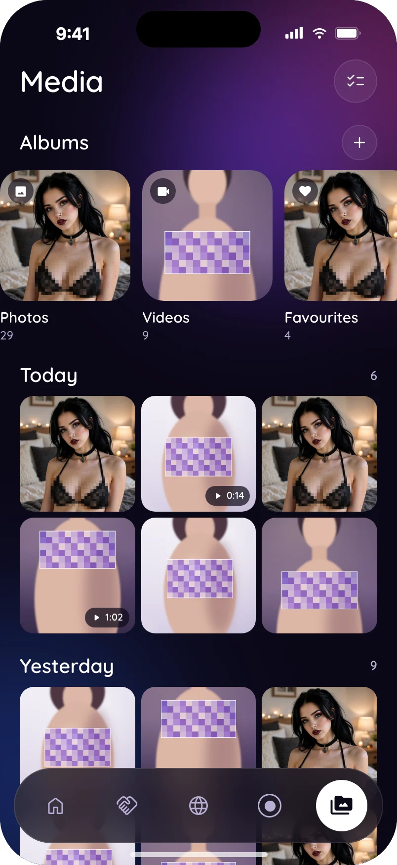Media: albums and a day-by-day grid of censored photos and videos.