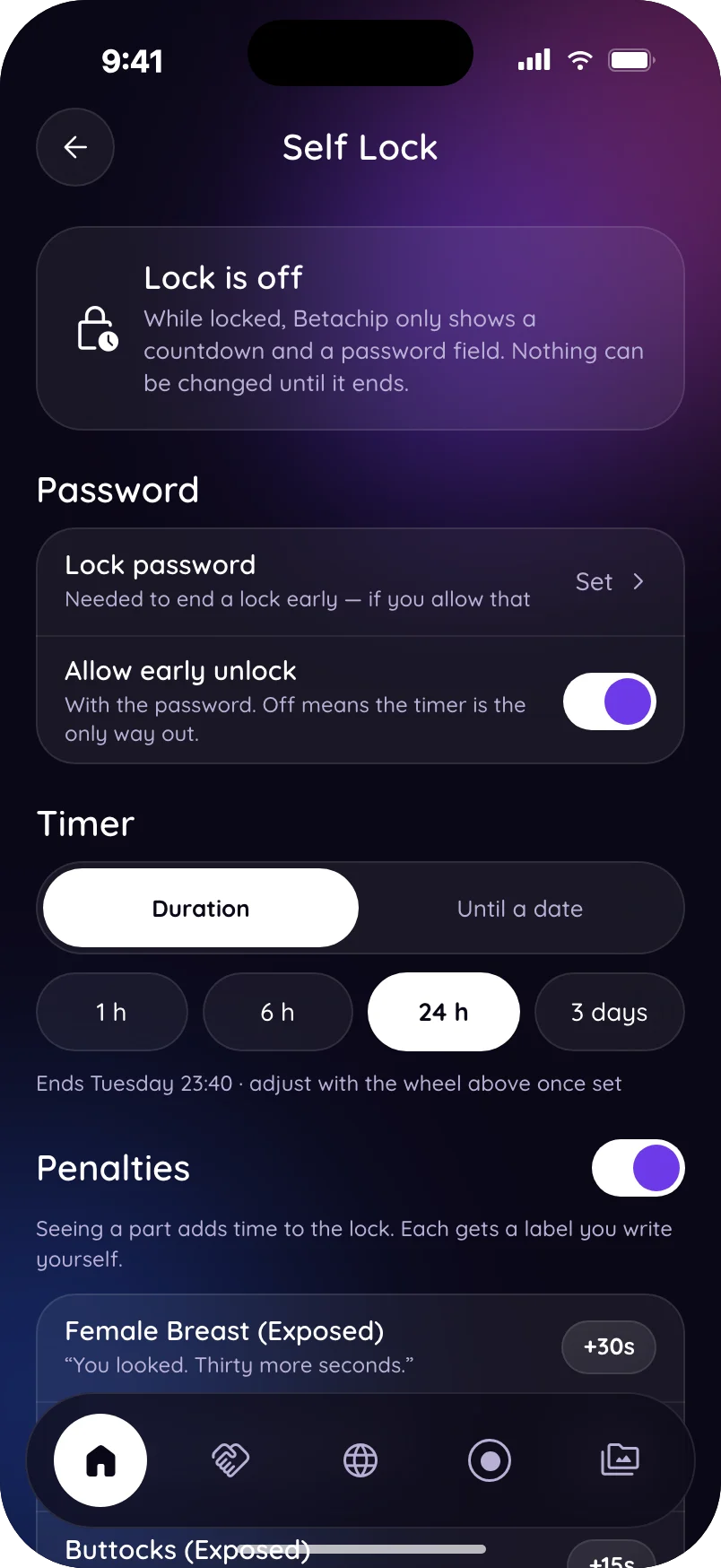 Self Lock: password, timer and penalties, held to activate.