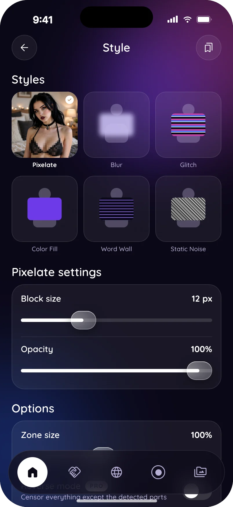 The Style screen: the censor styles with Pixelate selected, and its block size and opacity.