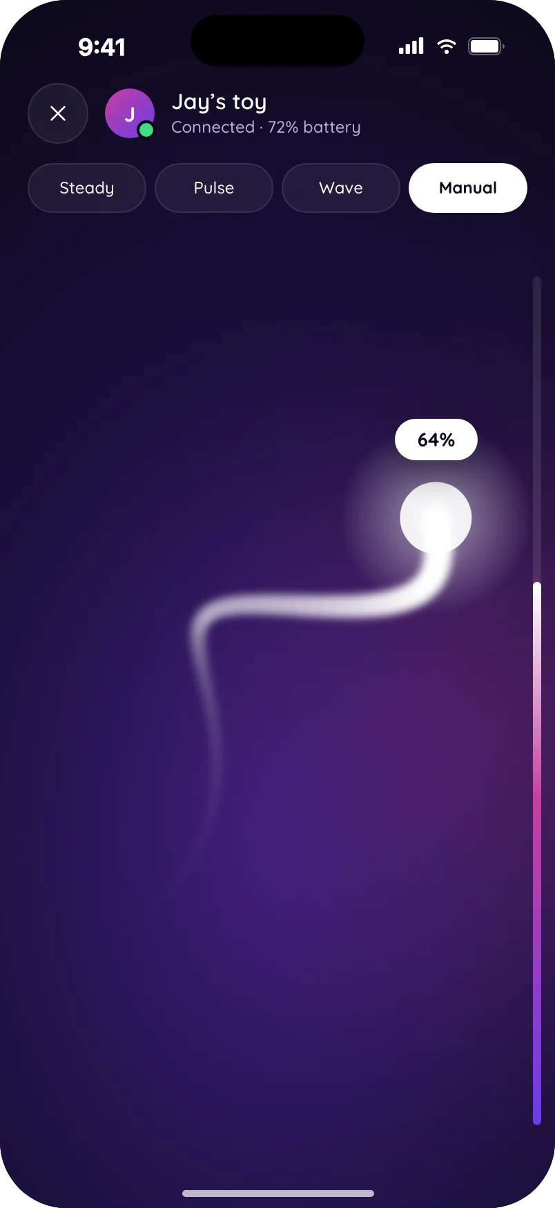 Manual mode: a partner draws on their screen and the toy follows, here at 64%.