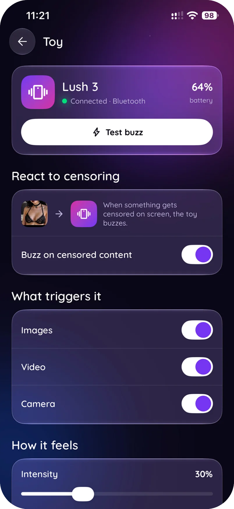 The Toy screen: a Lush 3 connected over Bluetooth at 64% battery, set to buzz when images, video or the camera get censored.